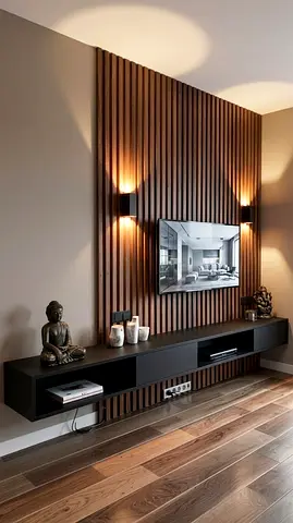Wall-mounted TV Console with Decorative Wood Slat Panel