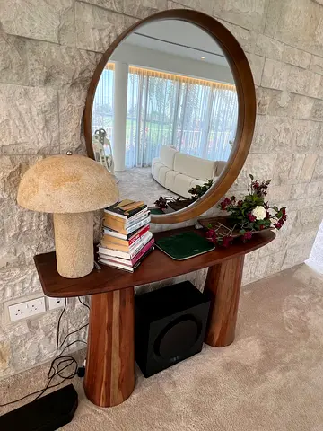 Solid Wood Console Table with Large Round Mirror - Natural Finish