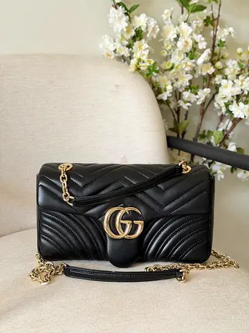 Black Quilted Shoulder Bag with Gold Chain and Double G Logo