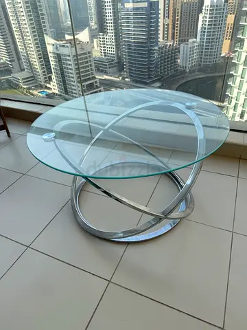 Round Glass Coffee Table with Chrome Interlocking Base - Good Condition