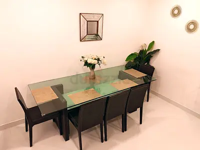 Glass Top Dining Table with 6 Chairs - Dark Wood Frame