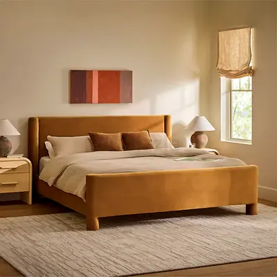 Rolled wings camel velvet king bed