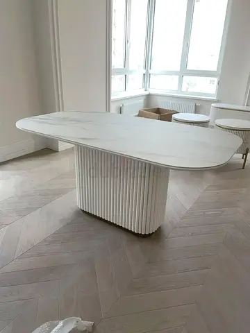 Custom Made Marble Dining Table with Rounded Rectangular Top and Elegant Fluted Pedestal Base