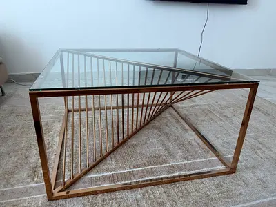 Glass Top Coffee Table with Brass Geometric Frame