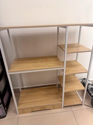 Light wood and white metal open shelving unit - good condition