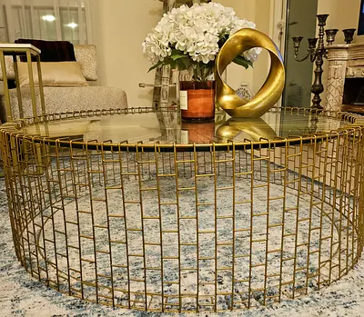 Round Gold Metal and Glass Coffee Table - Modern Wireframe Design