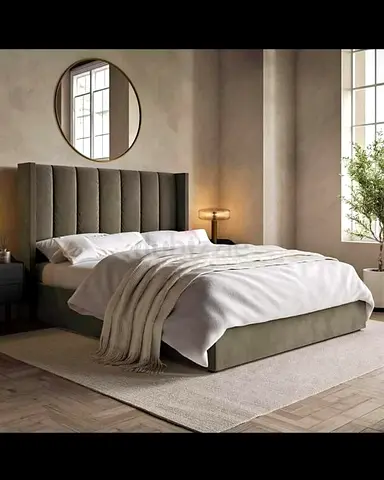 Upholstered king bed with tall channel-tufted headboard - good condition
