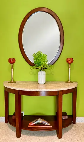 Half Moon Console Table with Oval Mirror - Wood & Marble Top