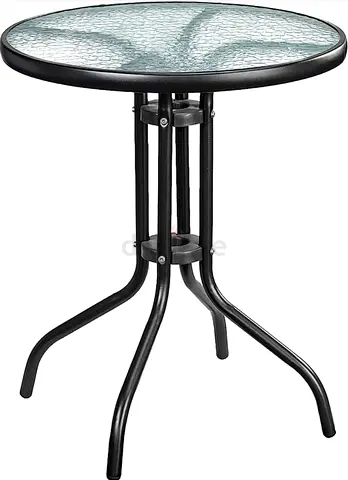 Outdoor round glass-top table with metal frame