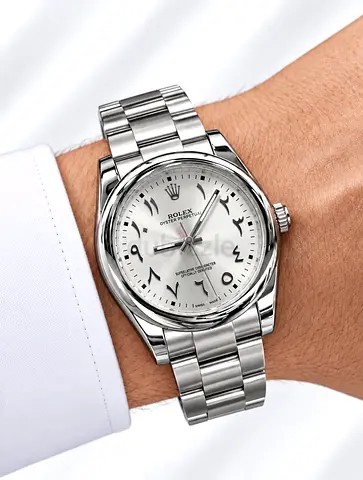 Rolex Oyster Perpetual men's stainless steel watch with Arabic numerals