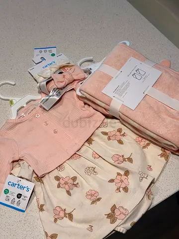 Carter's Baby Girl Bundle – Dress Set, Headbands & Hooded Towels – New with Tags