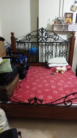Wood and Iron Double Bed with Decorative Headboard - Good Condition