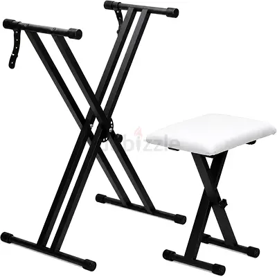 Double X Keyboard Stand with White Padded Bench – Heavy Duty Set