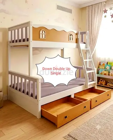 Down Double Up Single Solid Wood Bunk Bed with Drawer And Mattress