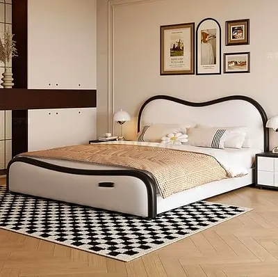 Modern upholstered double bed with curved headboard — good condition