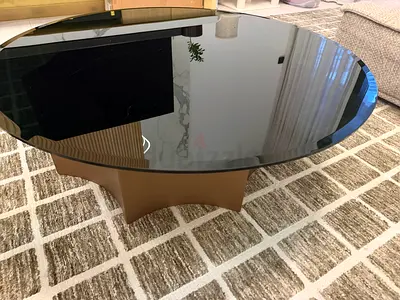 Oval glass coffee table with dark tinted top and wooden base