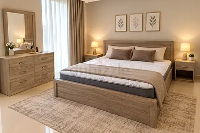 Queen wooden bed frame with matching dresser and nightstands - light oak