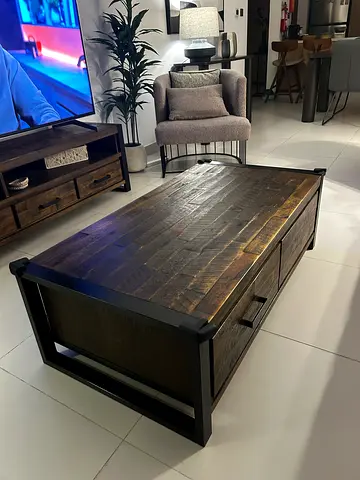 Industrial Rustic Coffee Table with Storage Drawers – Wood & Metal