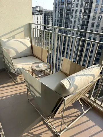 Outdoor balcony lounge chairs set with cushions and table. In great condition, almost not used.