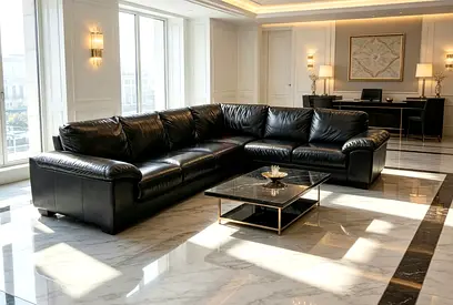 Large Black Leather L-Shaped Corner Sofa – Comfortable 5-Seater
