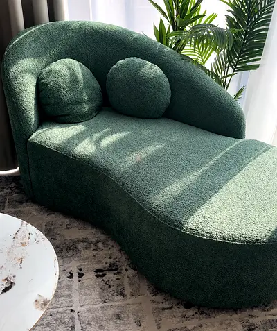 Curved Green Bouclé Chaise Lounge - Modern Loveseat