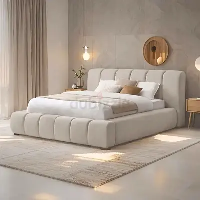 Modern upholstered queen bed with padded headboard - beige