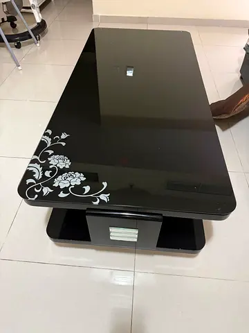 Black Glass Coffee Table with Floral Design - Good Condition