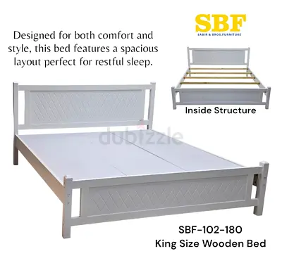 Solid Wood King Size White Bed With Medicated Mattress