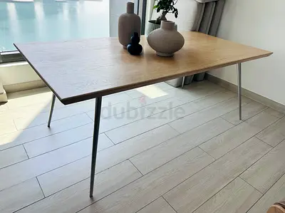 Solid Oak Dining Table with Stainless Steel Legs - 6 Seater
