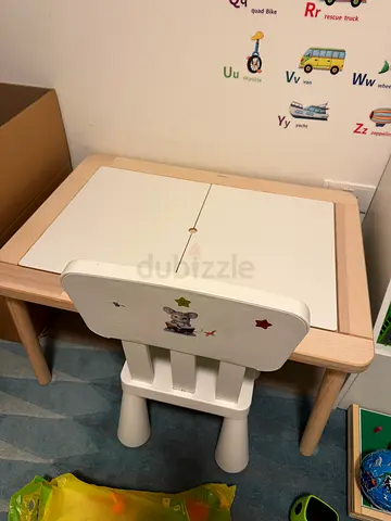 Kids wooden activity table with matching chair - light wood, white top