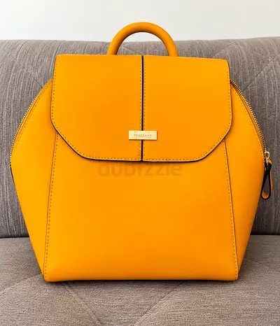 Yellow Round Leather Handbag with Detachable Straps