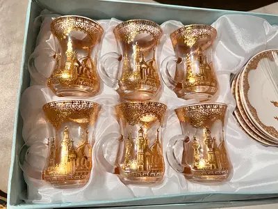 Set of 6 Decorative Gold-Trimmed Tea Glasses with Saucers