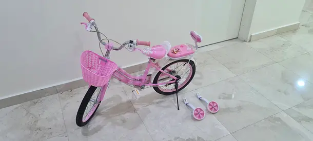 Pink Kids Bicycle with Training Wheels and Basket - Excellent Condition, 18 inch wheels