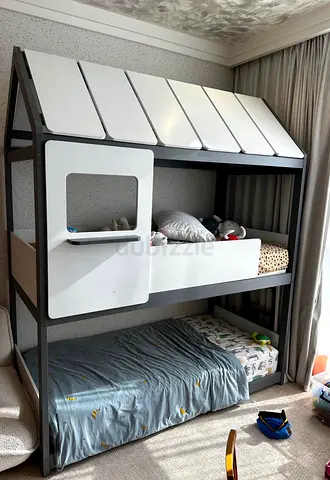 Kids bunk bed with playhouse roof - white and grey, good condition- price negotiable