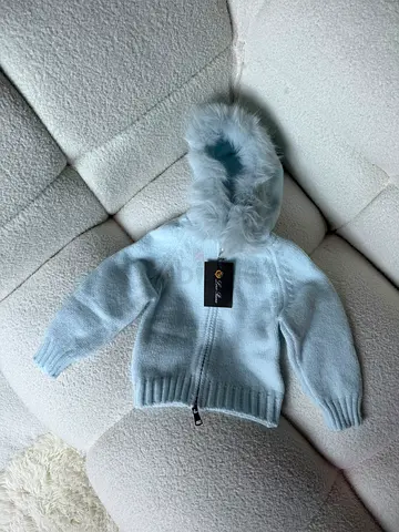 Loro piana Light blue baby hooded sweater with faux fur trim