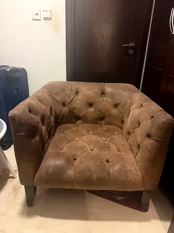 Brown tufted velvet armchair, single seat, good condition