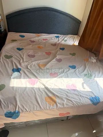 Queen bed frame with mattress (grey upholstered headboard) - good condition