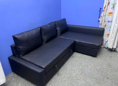 Black Faux Leather L-Shaped Sofa Bed