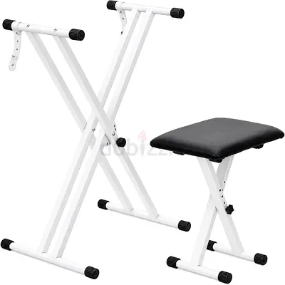 White Double X Keyboard Stand with Black Padded Bench – Heavy Duty Set