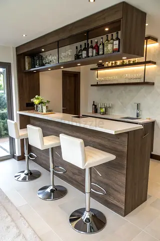 Modern wooden kitchen island with breakfast bar and overhead storage