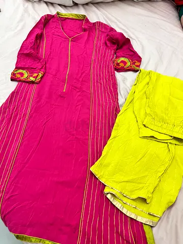 Pink and Lime Green embroidered Kurta Set