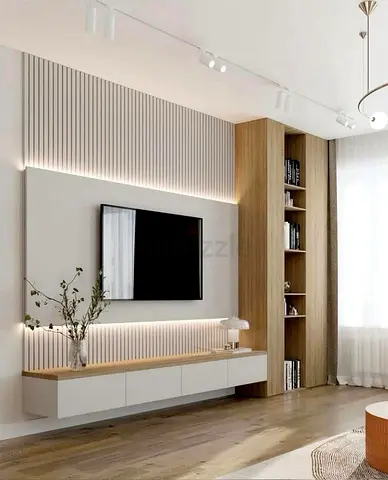 Modern wall-mounted entertainment unit with built-in shelving and LED backlight