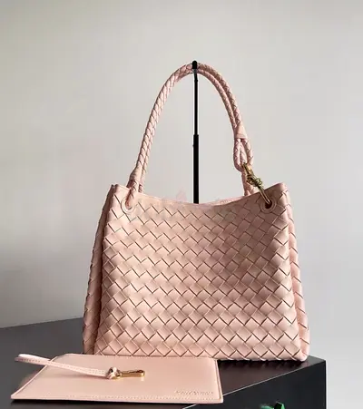 Light Pink Woven Leather Shoulder Bag with Matching Pouch