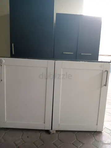 Set of 3 Kitchen/Storage Cabinets - 2 White Base + 1 Dark Wall Cabinet