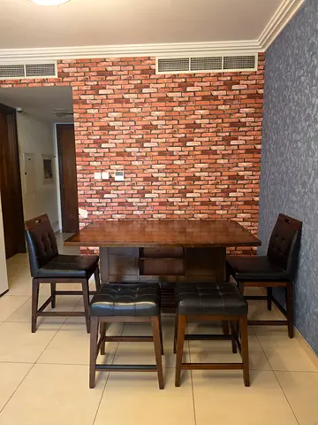 6 seater Ken Wooden dining table with 1 bench, 2 stools, 2 twistable chairs compact set -Home Centre