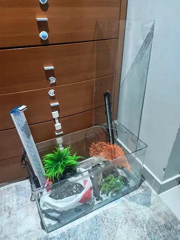 Used Glass Aquarium Tank 60cm W x 30cm D x 35cm H with LED Light and Decorations