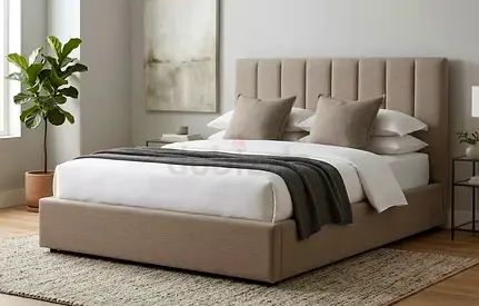 Upholstered King Bed Frame with Padded Headboard - Neutral Beige