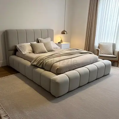Modern Upholstered Bed Frame in Beige