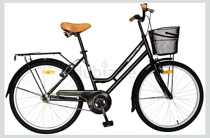 Commuter Bicycle with Basket & Rear Rack - Good Condition. Black color body, Beige seat & handles.