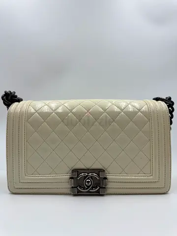 ChaneL White Quilted Patent Leather Medium Boy Flap Bag